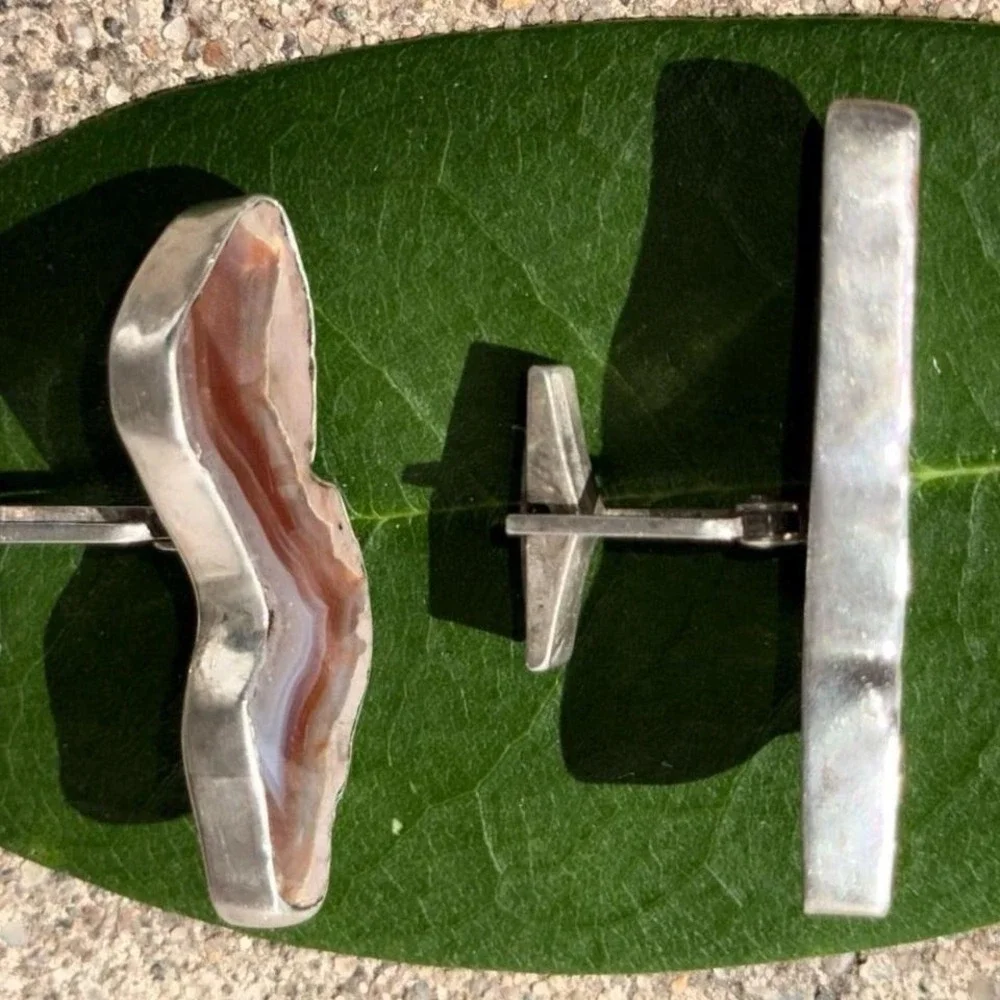 Rare ooak Artisan Sterling & Agate Cufflinks Mexico 1958 Natural Stone Slices